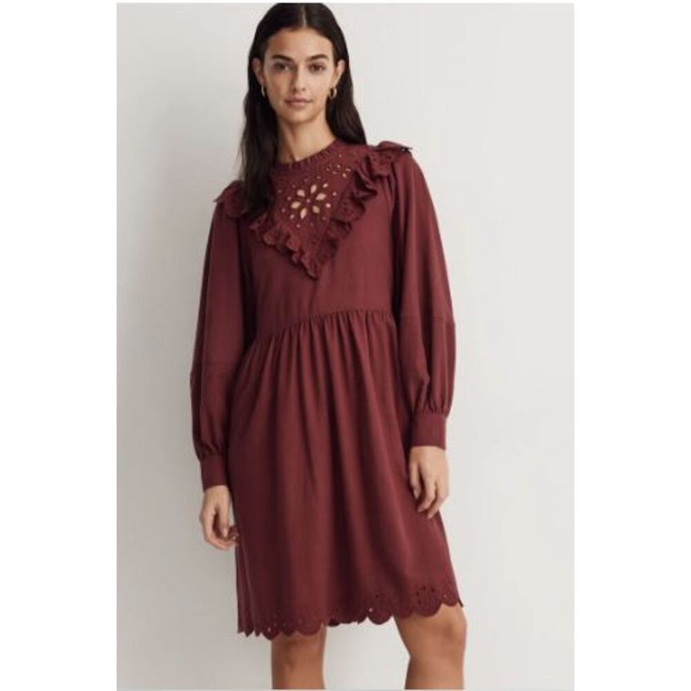Madewell Size Medium Embroidered Ruffled Flannel Mini Dress Red Burgundy Cotton
